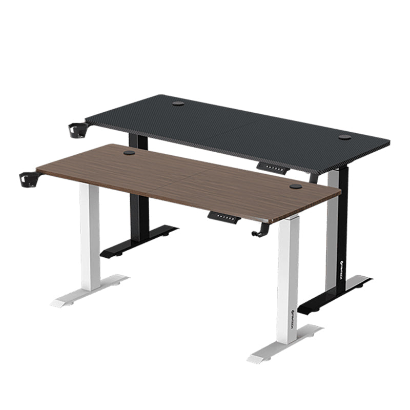 Two Fantech GD914 adjustable rising desks, one with a black top and black legs, the other with a brown top and white legs. Two Fantech GD914 adjustable rising desks, one with a black top and black legs, the other with a brown top and white legs.